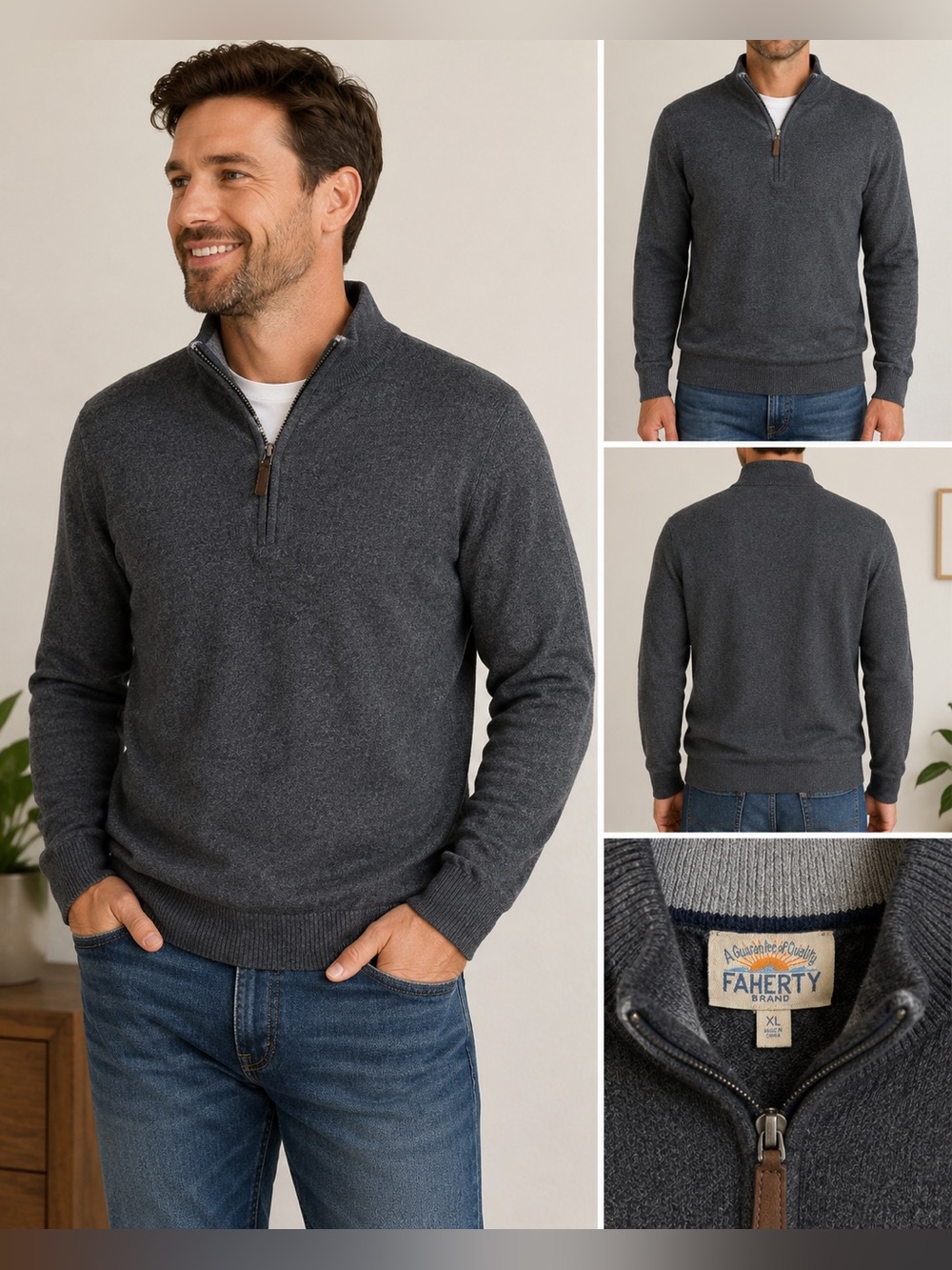 Faherty Brand Men’s XL Charcoal Gray Quarter Zip Knit Sweater Pullover Soft